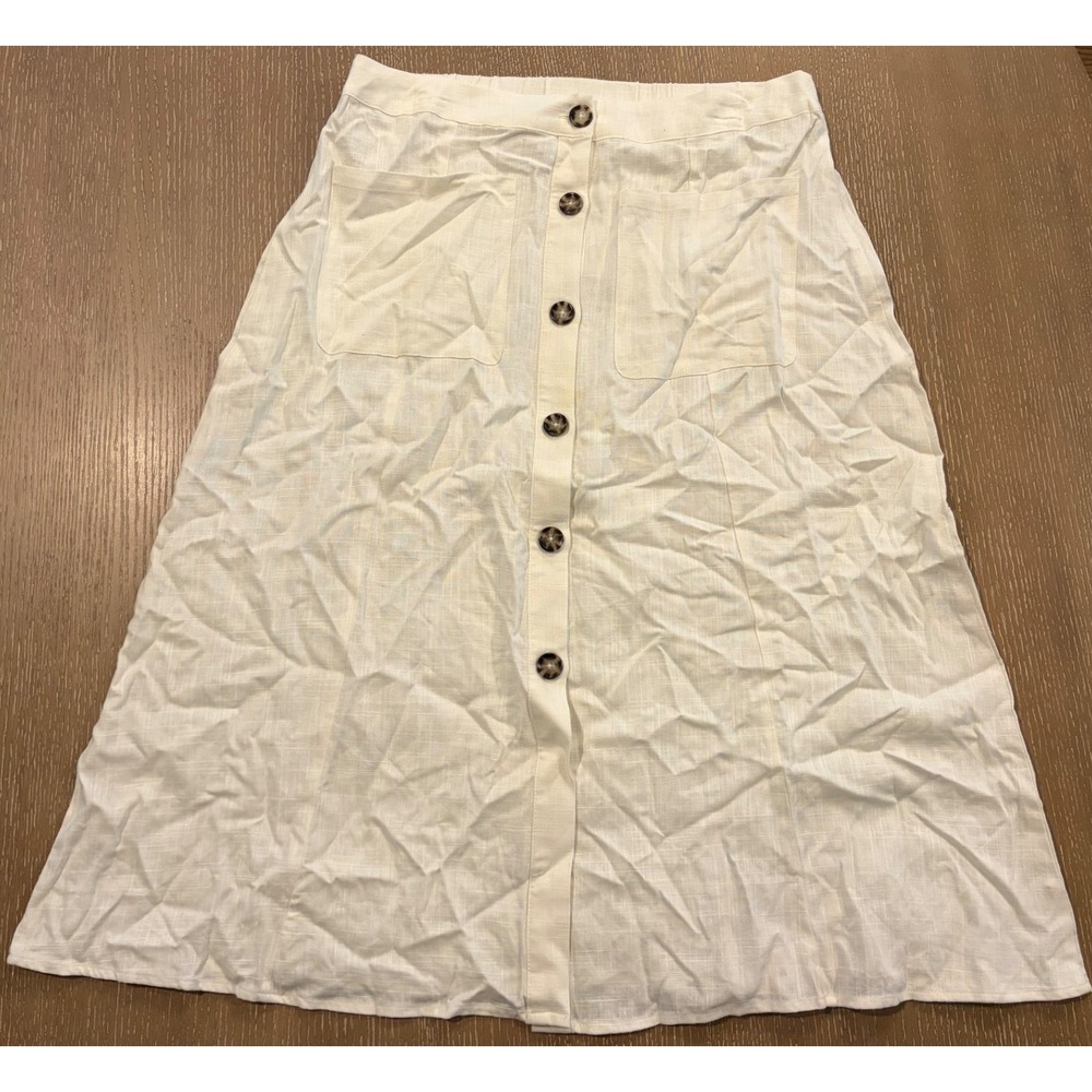 Peck & Peck White Linen Blend Button Front Midi Skirt with Pockets‎ NWT Large